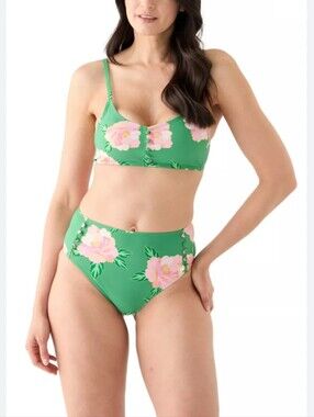 CeCe Floral Button Front Swim Top and High-Waist Bottoms in green Medium